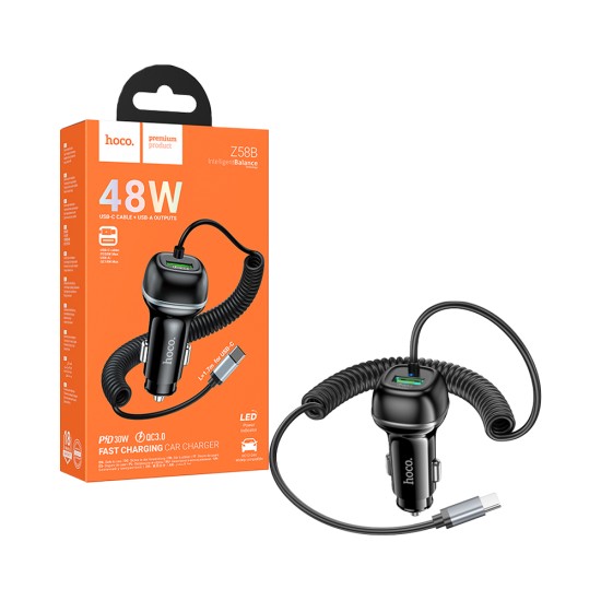 Hoco Car Charger Z58B Rank USB PD30W with Type-C Cable 1.7m Black